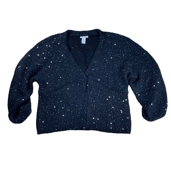 Chico's Black Gold Sparkle Sequin Knit Cardigan Sweater Cozy Chic Size 0 = 4 - Picture 1 of 6